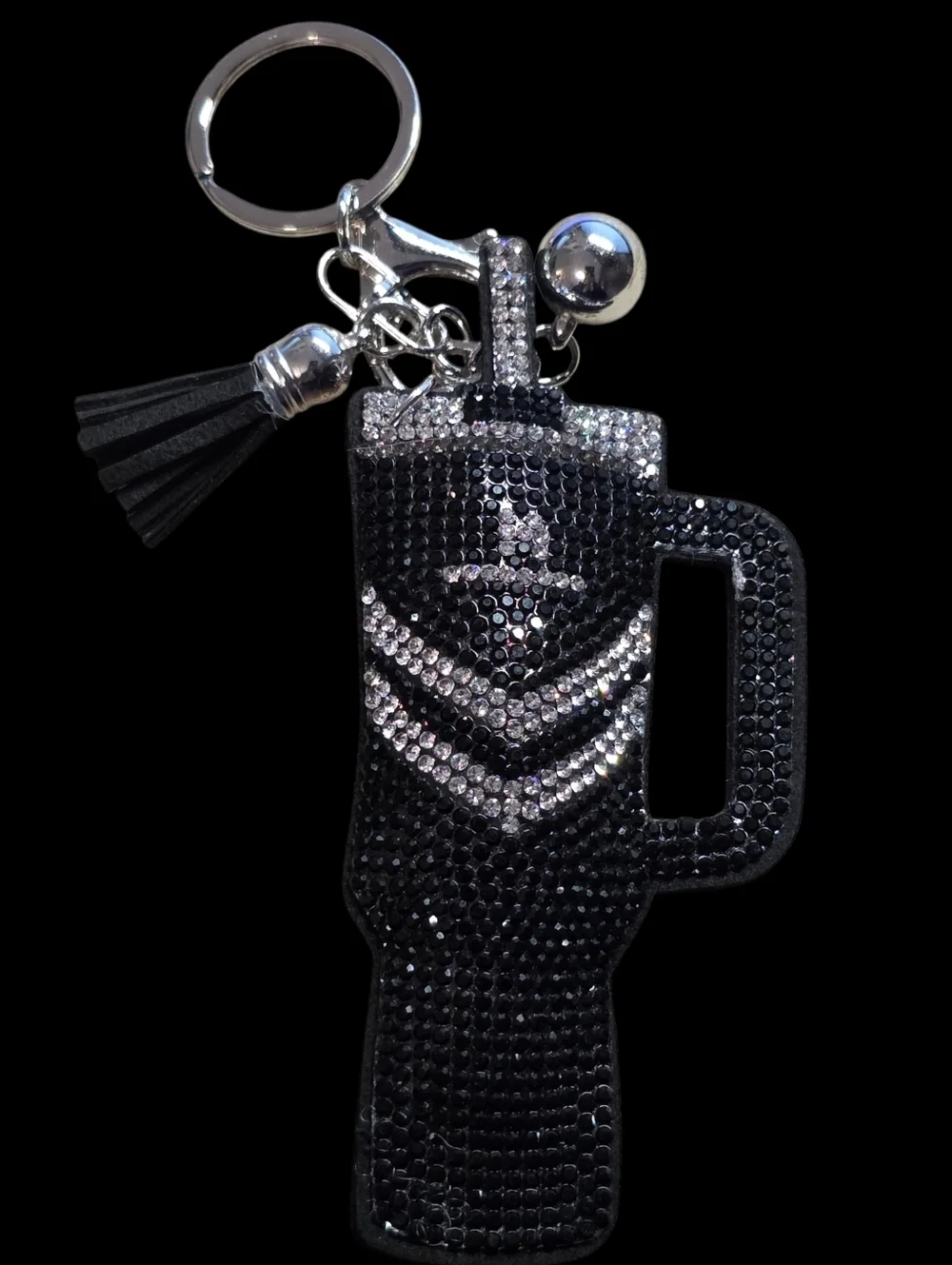 Crystal Studded Black Tumbler Bag Keychain with Tassel